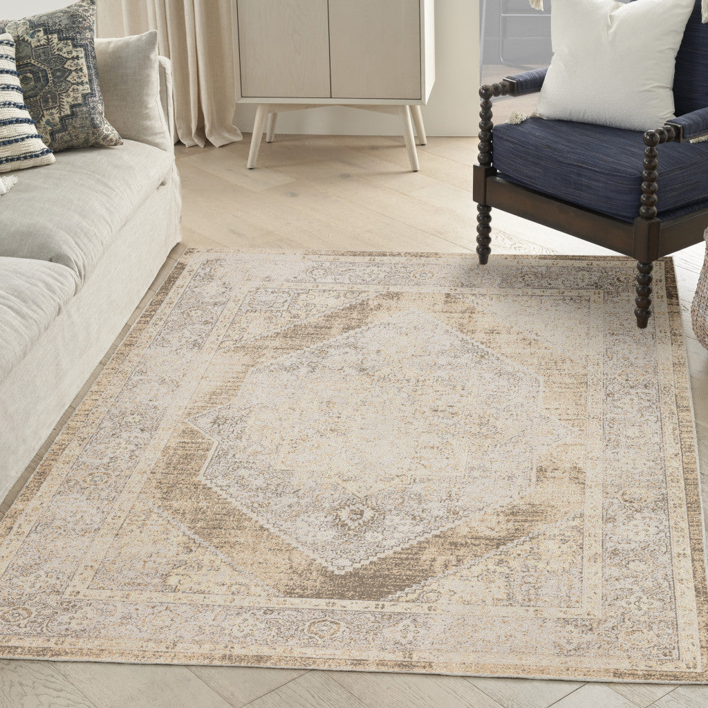 8' X 10' Beige Oriental Power Loom Washable Area Rug