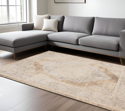 8' X 10' Beige Oriental Power Loom Washable Area Rug