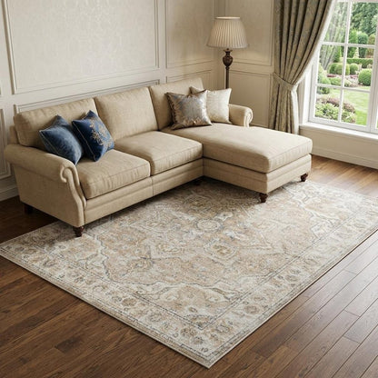 8' X 10' Beige Oriental Power Loom Washable Area Rug
