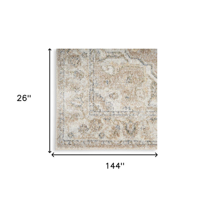 12' Beige Oriental Power Loom Washable Runner Rug