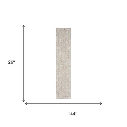 12' Beige Oriental Power Loom Washable Runner Rug