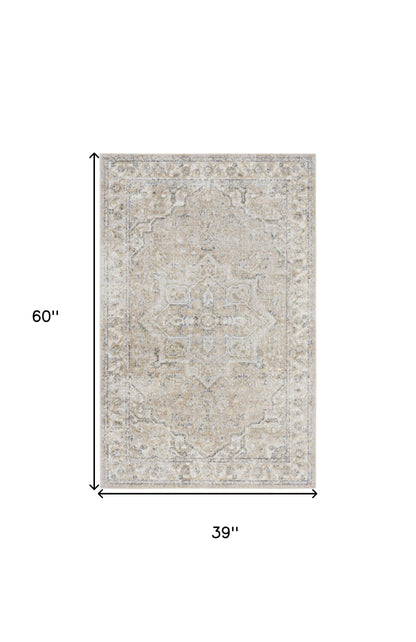 3' X 5' Beige Oriental Power Loom Washable Area Rug