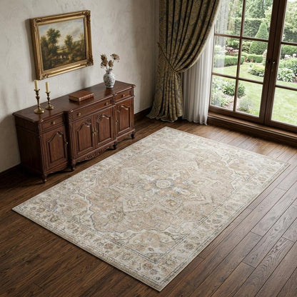 4' X 6' Beige Oriental Power Loom Washable Area Rug