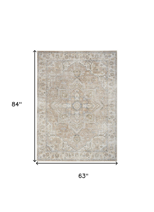 5' X 7' Beige Oriental Power Loom Washable Area Rug