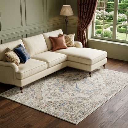 7' X 9' Denim Blue Oriental Power Loom Washable Area Rug