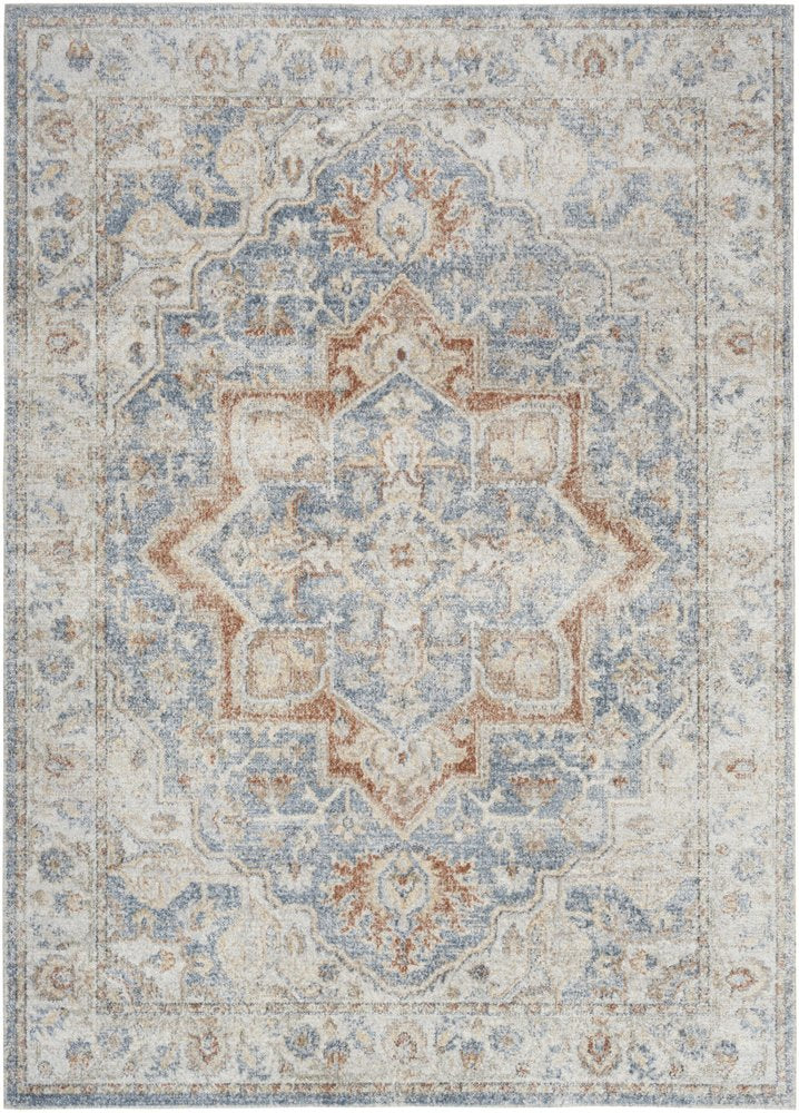 7' X 9' Denim Blue Oriental Power Loom Washable Area Rug