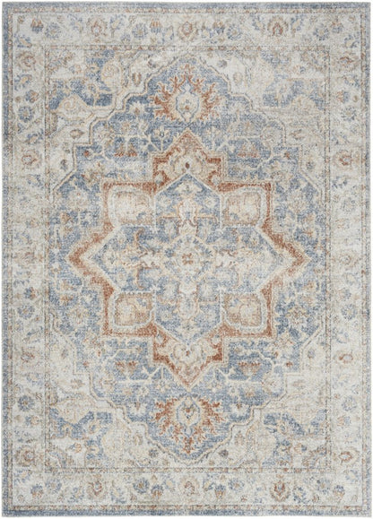 7' X 9' Denim Blue Oriental Power Loom Washable Area Rug