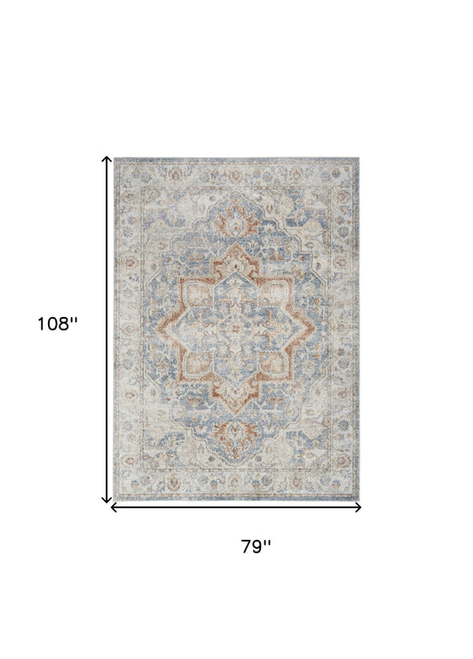 7' X 9' Denim Blue Oriental Power Loom Washable Area Rug