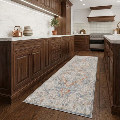 8' Denim Blue Oriental Power Loom Washable Runner Rug