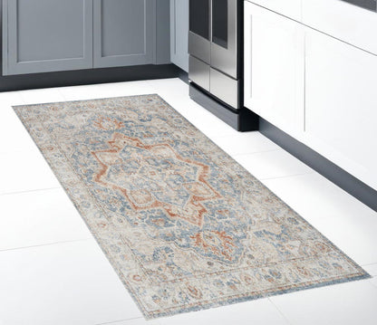 8' Denim Blue Oriental Power Loom Washable Runner Rug