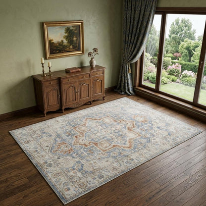 4' X 6' Denim Blue Oriental Power Loom Washable Area Rug
