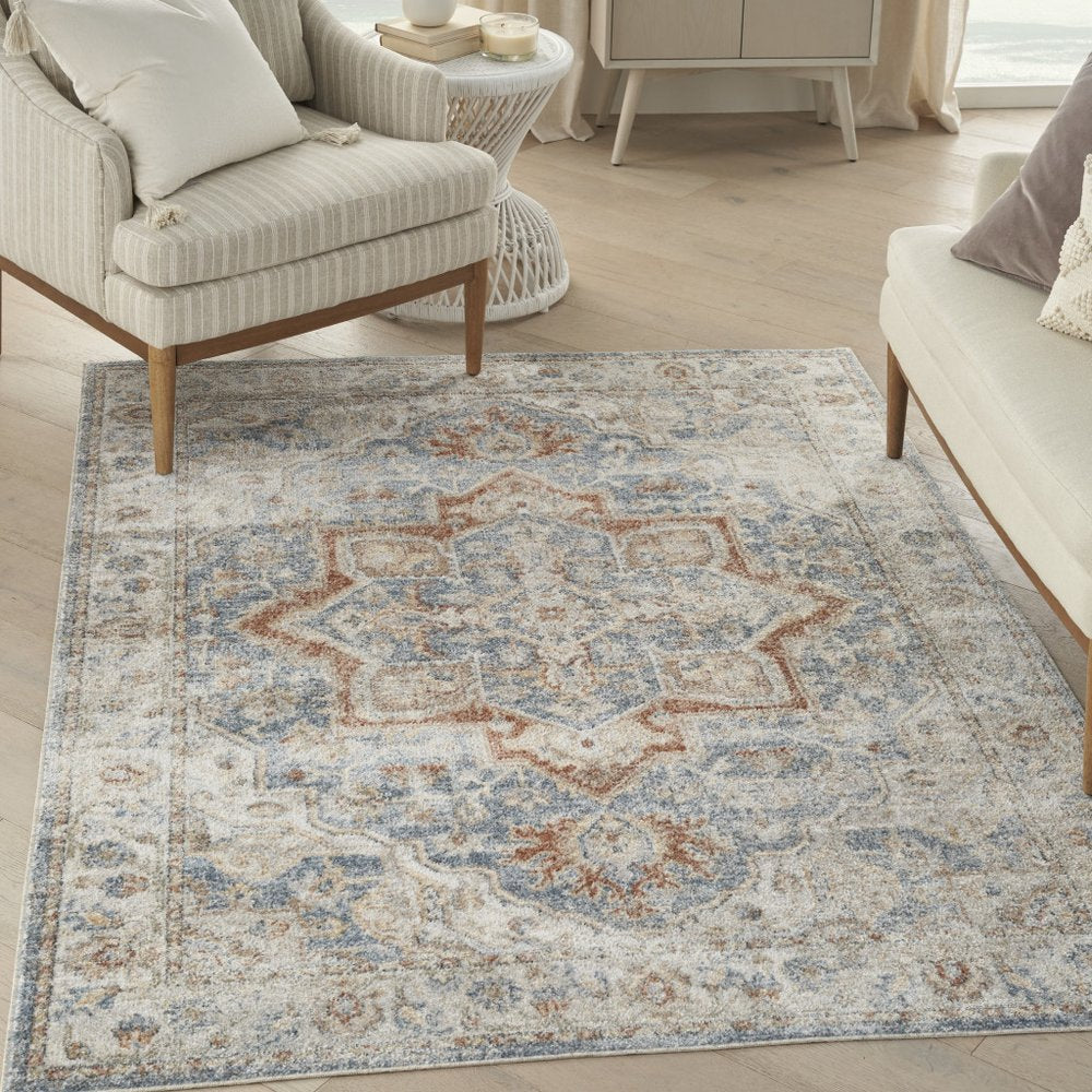 4' X 6' Denim Blue Oriental Power Loom Washable Area Rug