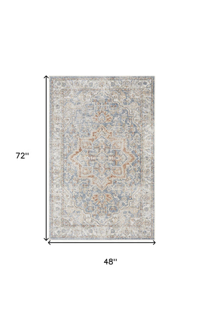 4' X 6' Denim Blue Oriental Power Loom Washable Area Rug