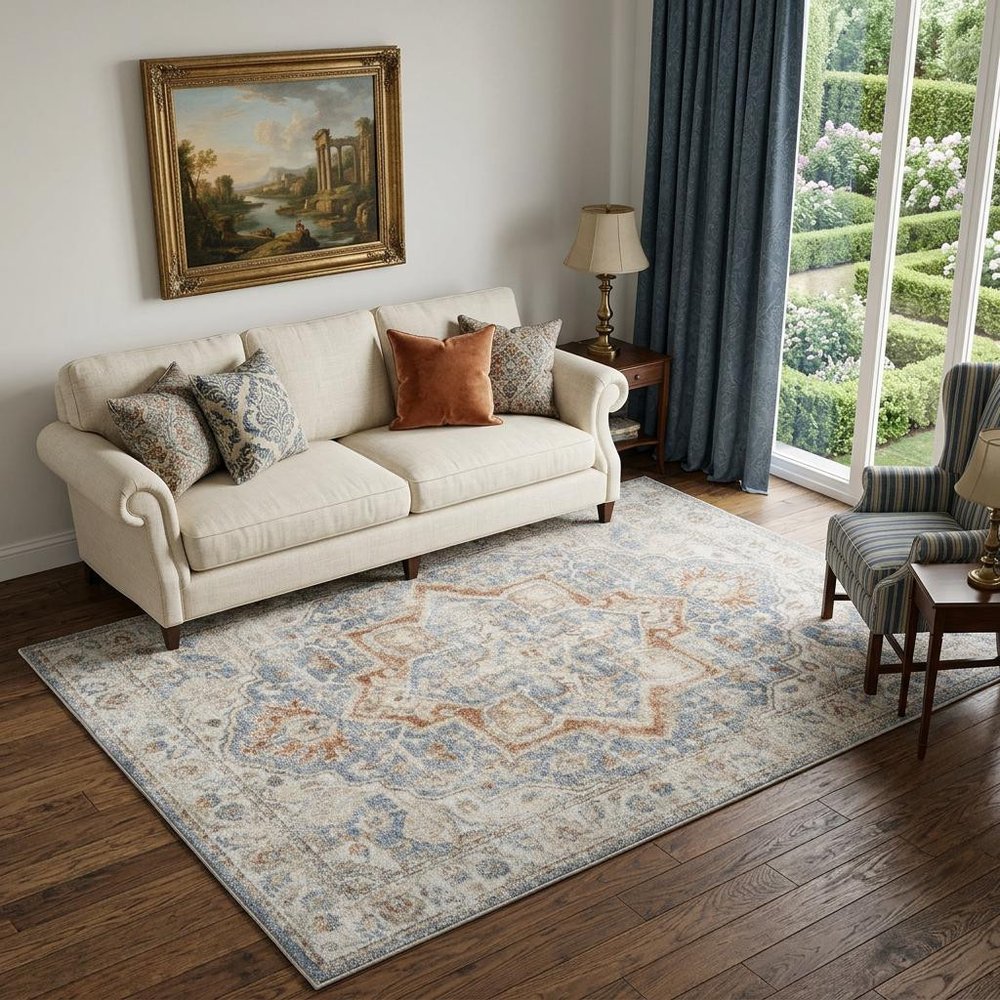 5' X 7' Denim Blue Oriental Power Loom Washable Area Rug