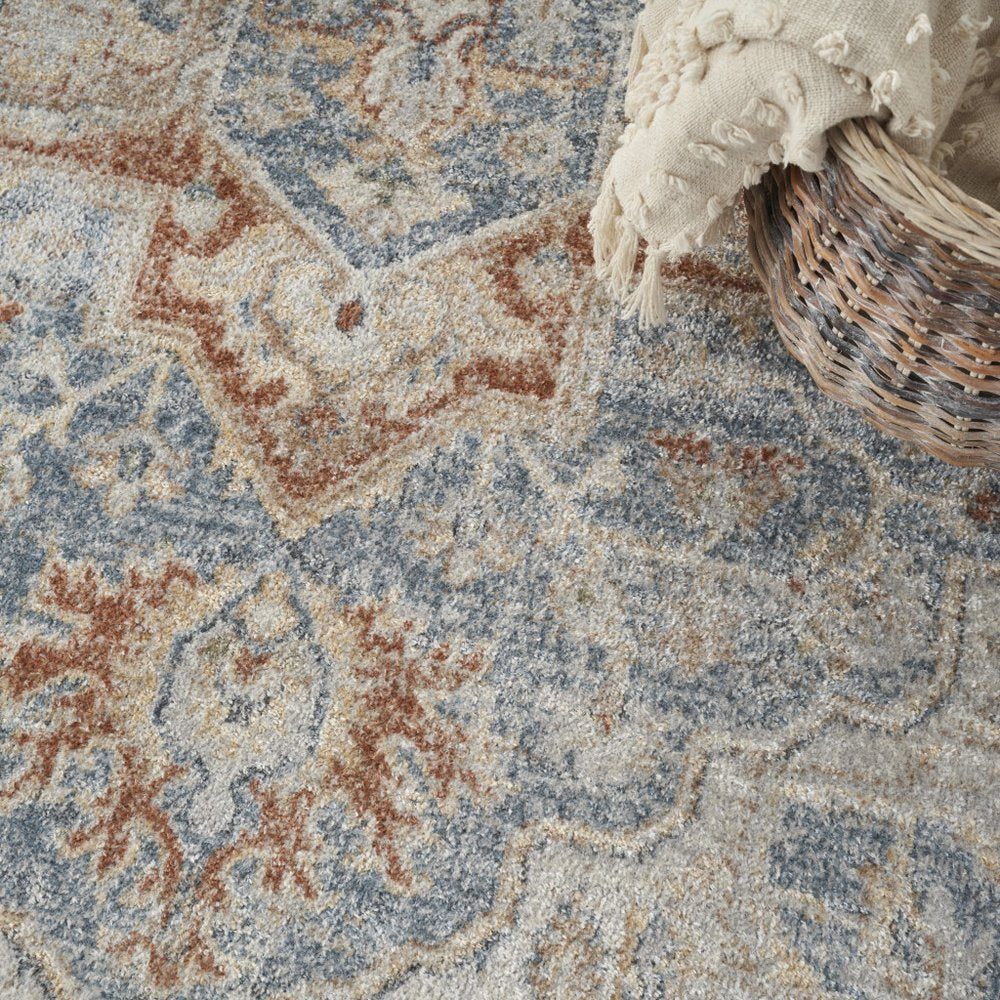 5' X 7' Denim Blue Oriental Power Loom Washable Area Rug