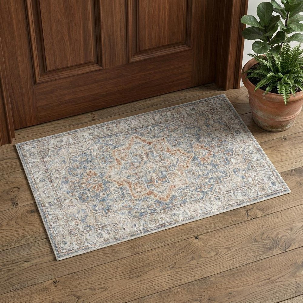 3' X 5' Denim Blue Oriental Power Loom Washable Area Rug