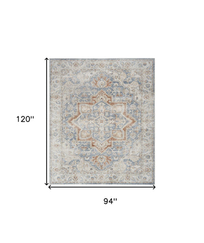 8' X 10' Denim Blue Oriental Power Loom Washable Area Rug