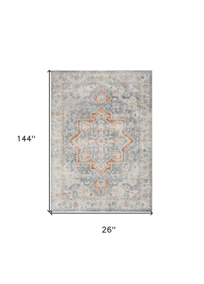 12' Denim Blue Oriental Power Loom Washable Runner Rug