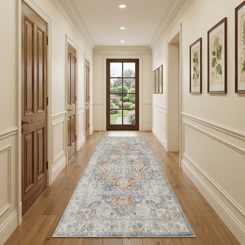 12' Denim Blue Oriental Power Loom Washable Runner Rug