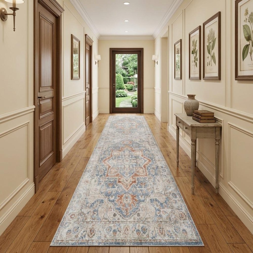 12' Denim Blue Oriental Power Loom Washable Runner Rug