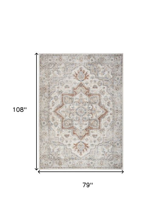 7' X 9' Gray Oriental Power Loom Washable Area Rug