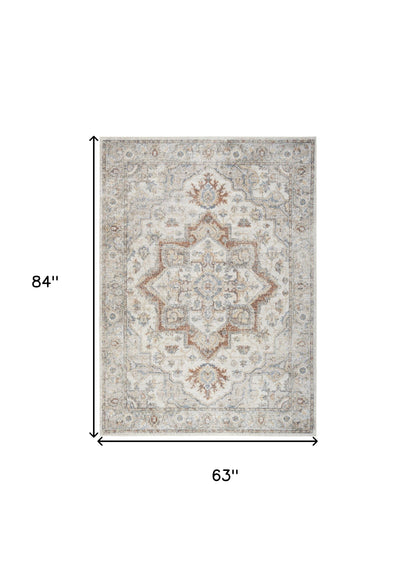 5' X 7' Gray Oriental Power Loom Washable Area Rug