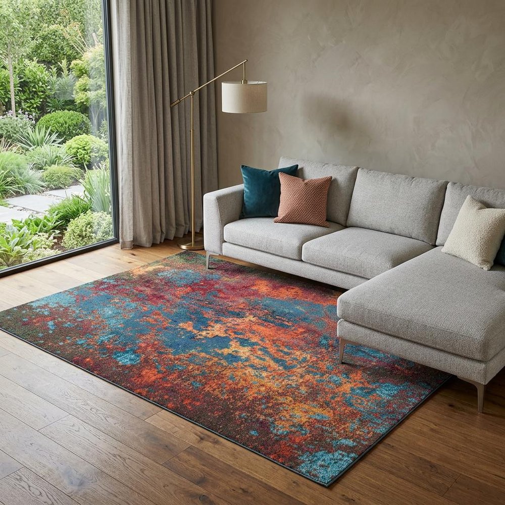 10' X 14' Blue and Orange Abstract Power Loom Area Rug