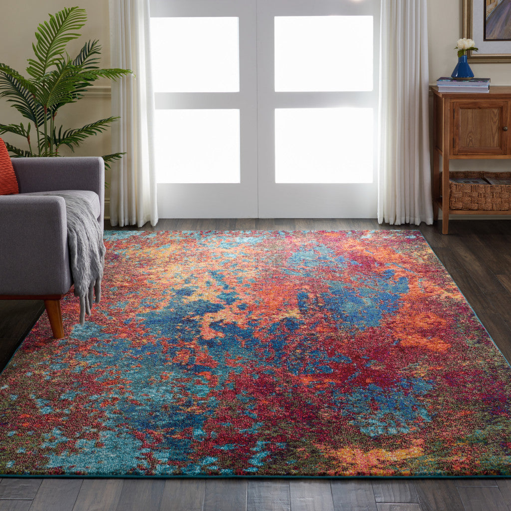 7' X 10' Blue and Orange Abstract Power Loom Area Rug