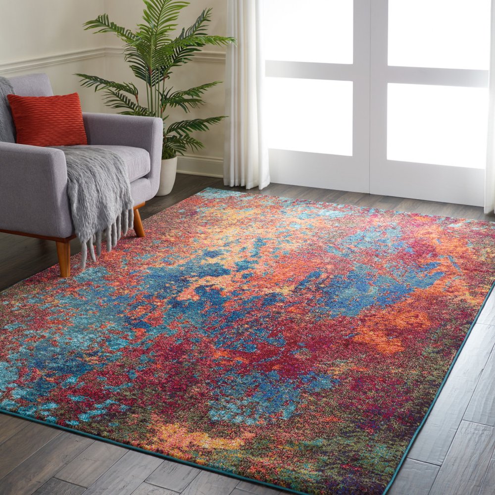 7' X 10' Blue and Orange Abstract Power Loom Area Rug
