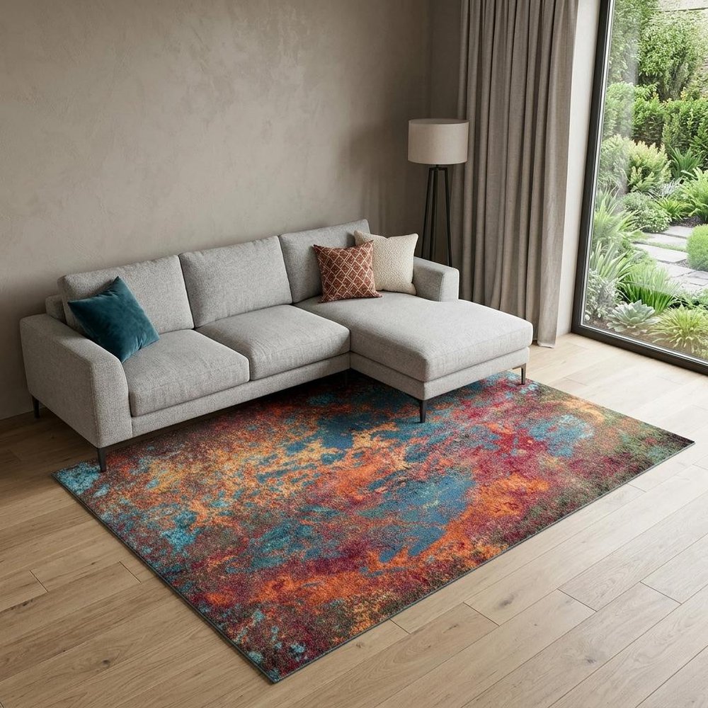 9' X 12' Blue and Orange Abstract Power Loom Area Rug
