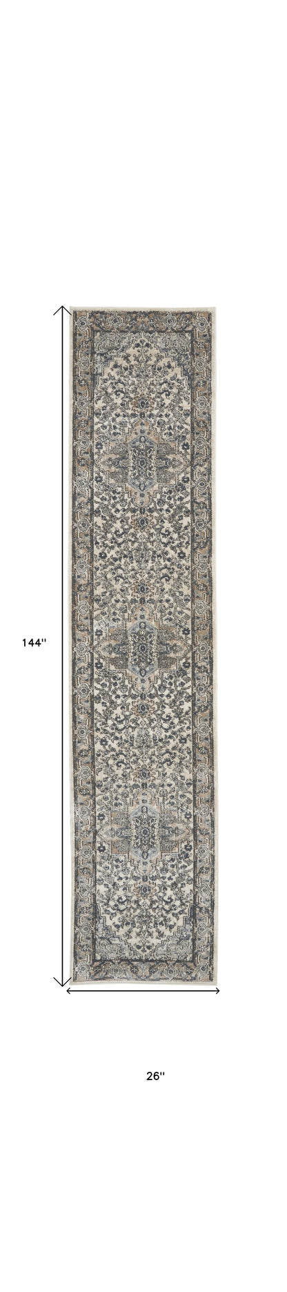 12' Gray and Ivory Medallion Power Loom Runner Rug