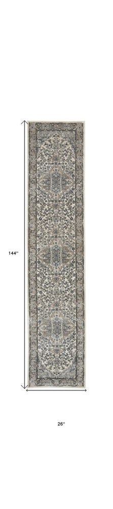 12' Gray and Ivory Medallion Power Loom Runner Rug