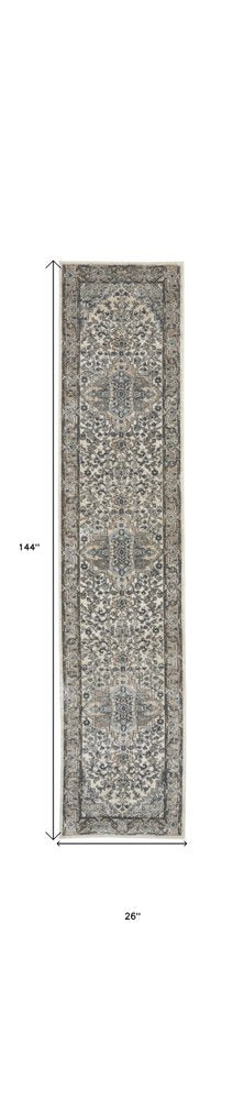 12' Gray and Ivory Medallion Power Loom Runner Rug