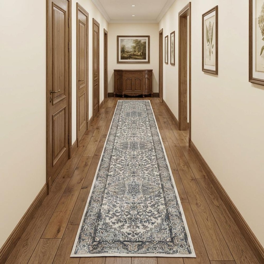 12' Gray and Ivory Medallion Power Loom Runner Rug