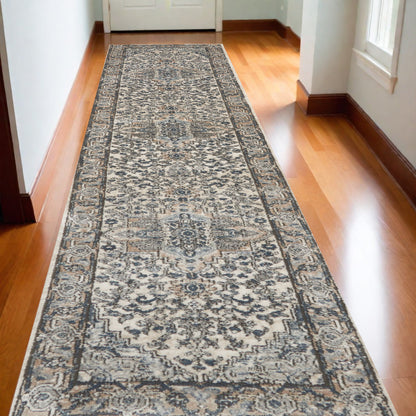 12' Gray and Ivory Medallion Power Loom Runner Rug