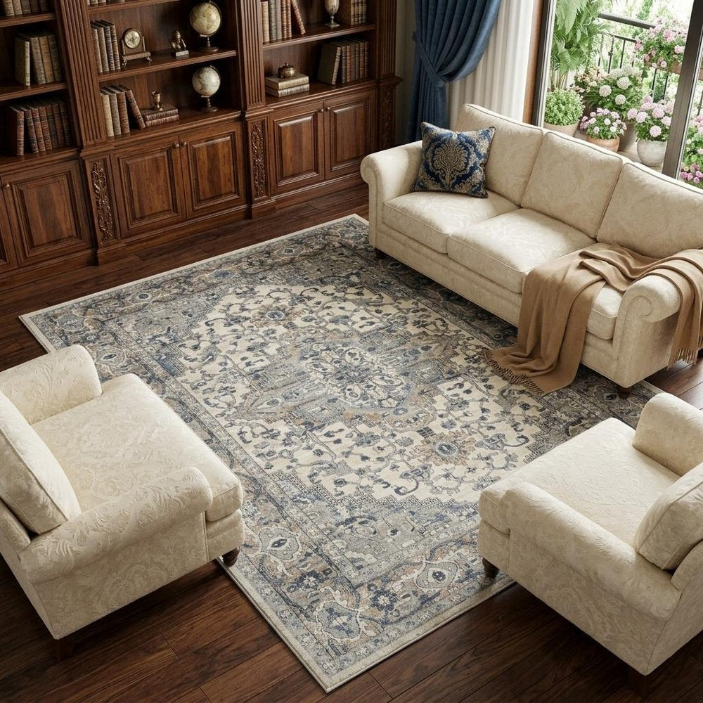 7' X 10' Ivory Floral Power Loom Area Rug