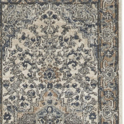 10' Gray and Ivory Medallion Power Loom Runner Rug