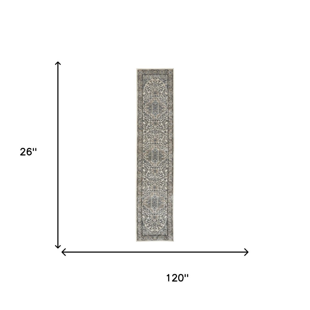 10' Gray and Ivory Medallion Power Loom Runner Rug