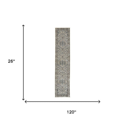 10' Gray and Ivory Medallion Power Loom Runner Rug