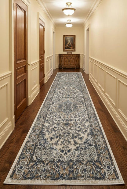 10' Gray and Ivory Medallion Power Loom Runner Rug