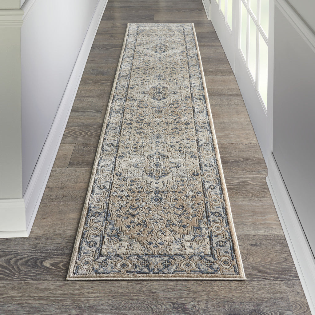 12' Gray and Ivory Medallion Power Loom Runner Rug