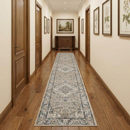 12' Gray and Ivory Medallion Power Loom Runner Rug