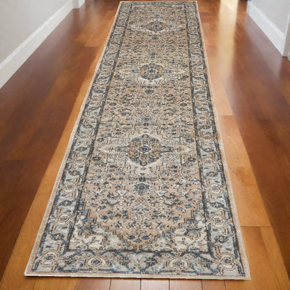 12' Gray and Ivory Medallion Power Loom Runner Rug