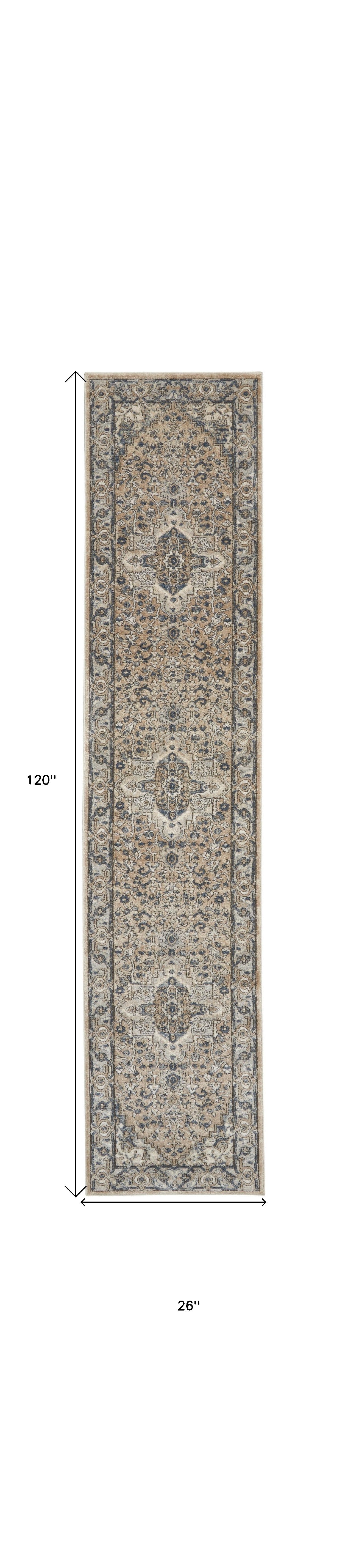 10' Gray and Ivory Medallion Power Loom Runner Rug