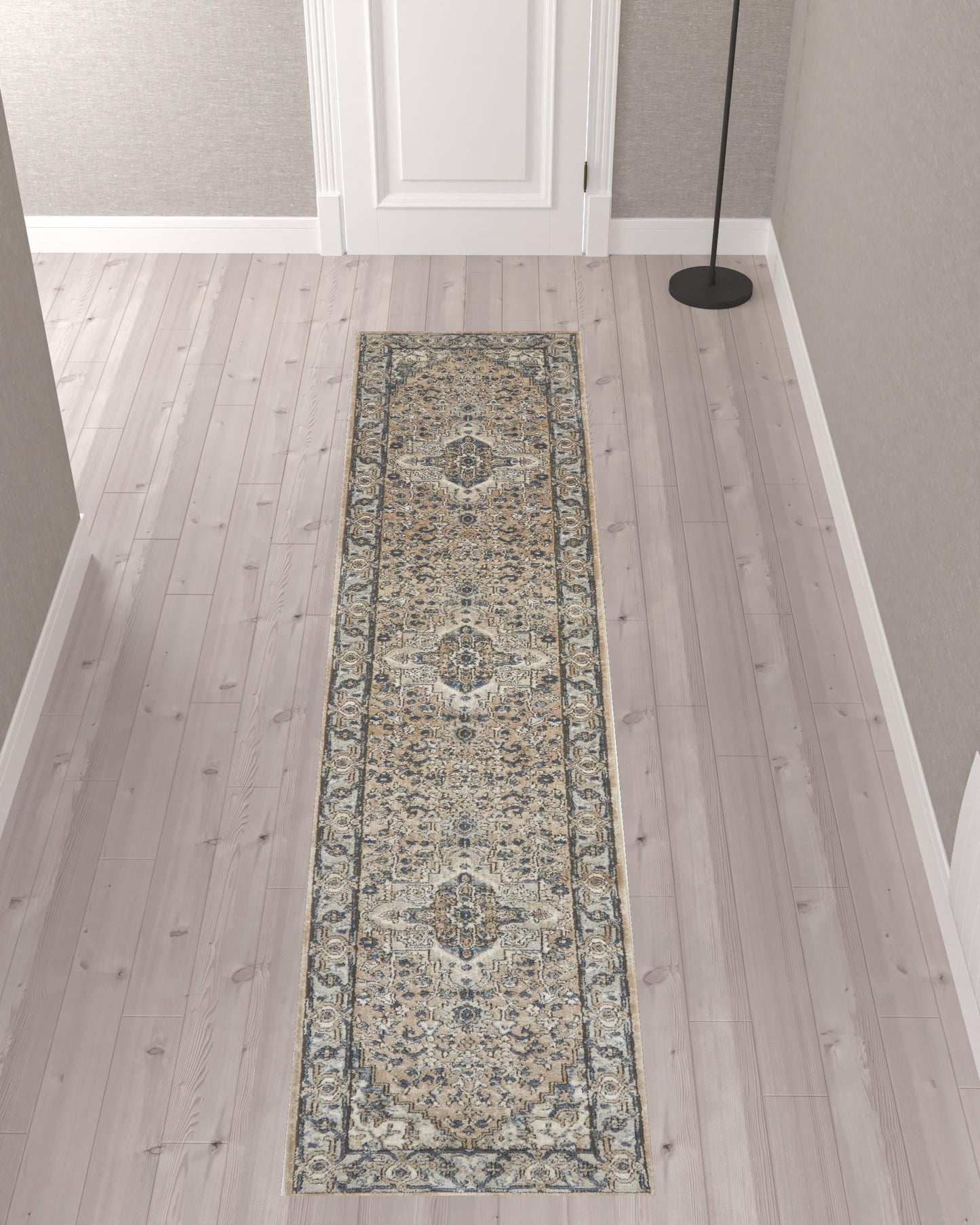 10' Gray and Ivory Medallion Power Loom Runner Rug