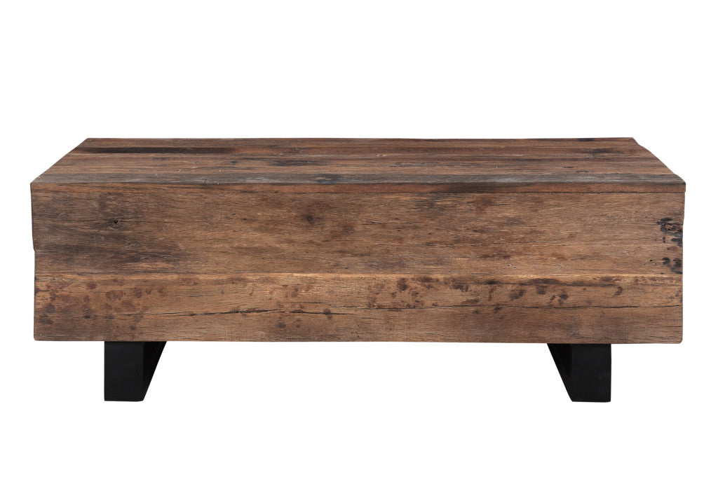 52" Dark Brown And Black Solid Wood And Metal Distressed Coffee Table