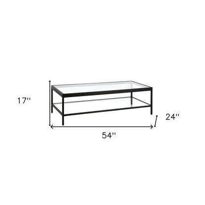 54" Clear And Black Glass And Steel Coffee Table With Shelf