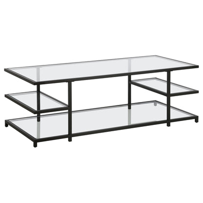 54" Black Glass And Steel Coffee Table With Three Shelves