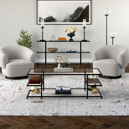 54" Black Glass And Steel Coffee Table With Three Shelves