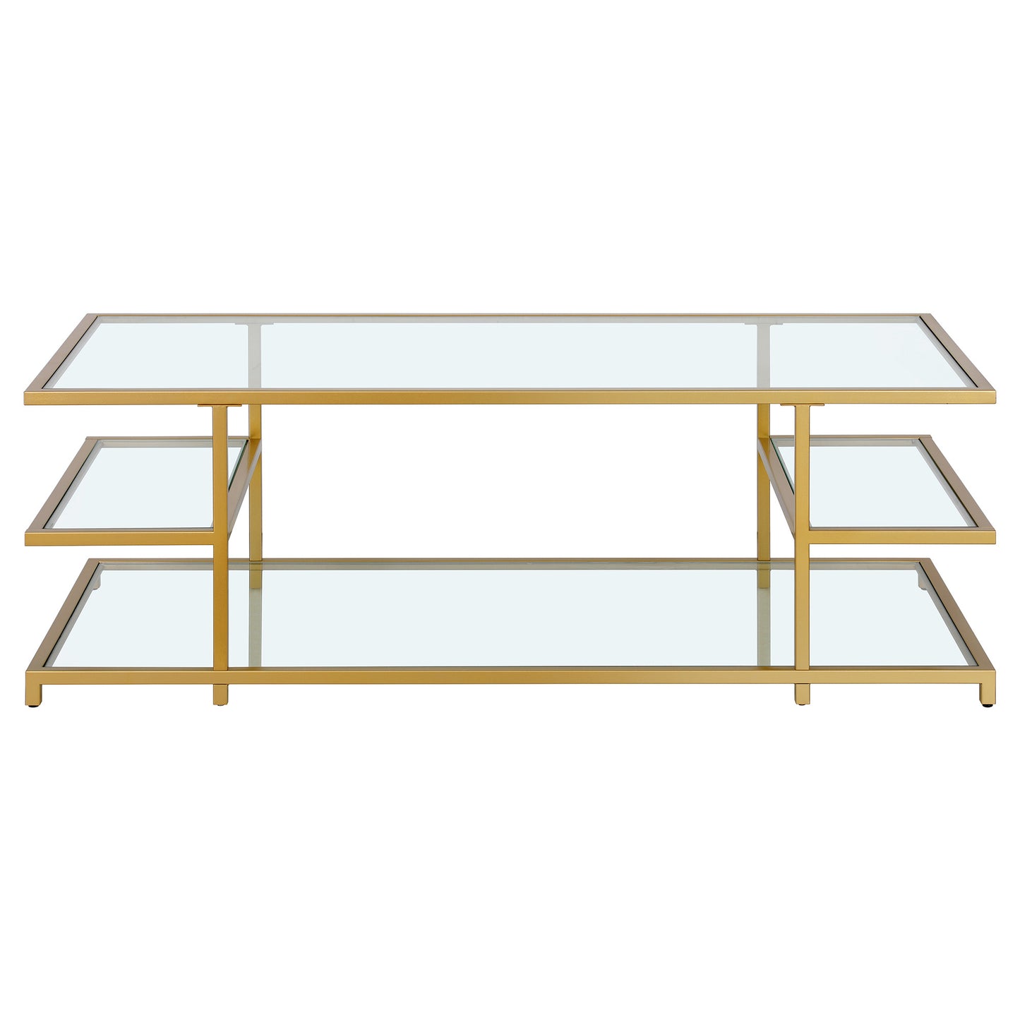 54" Gold Glass And Steel Coffee Table With Three Shelves